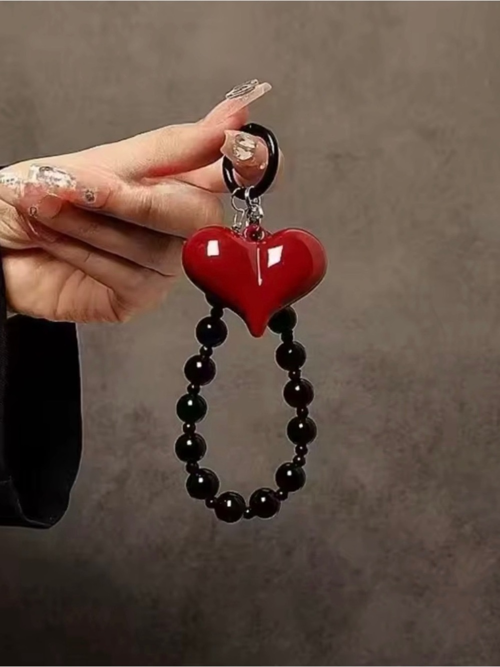 Heart Phone Charm Keychain Red Heart Black Beaded Wristlet Bag Charm Gift NWOT